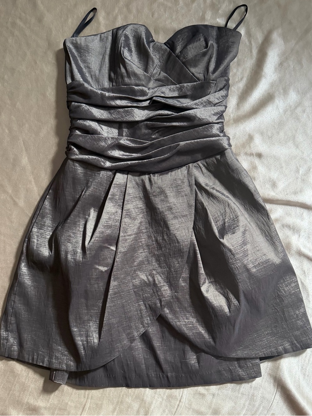 Vintage Jessica McClintock Metallic Gray Strapless Dress with Pockets Y2K Size 4